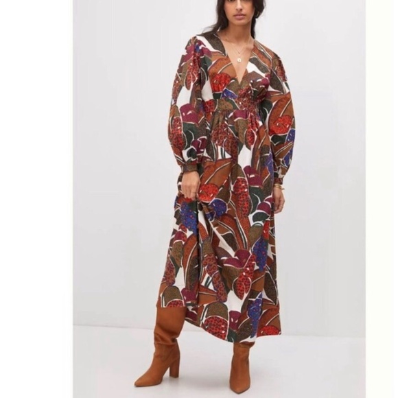 Anthropologie Farm Rio Deep V-Neck MaxiFloral Puff Sleeve Tropical Dress NWT